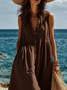 Breezaya Women's Textured Loose Casual White Stand Collar Half-Open Button Sleeveless Dress, Suitable For Beach Travel And Vacation - Brown - View 5