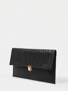 SHECARRY Ladies Fashionable Elegant Simple Classic Versatile Black Woven Embossed PU Clutch Bag Envelope Bag, For Daily Dating Party Commuter Afternoon Tea - Black braided - View 2