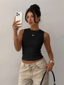 Aloruh Women's Elegant Round Neck Casual Backless Knit Textured Cropped Solid Color Top - Black - View 3