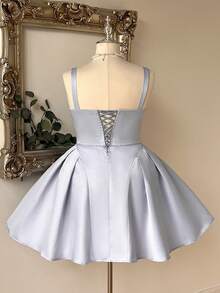 Lovelzi Plus Size Elegant Luxurious Light Sky Blue Satin Handmade Integrated Rhinestone Decor Wide Strap Back Tie Detail A-Line Ball Gown Formal - Baby Blue - View 2