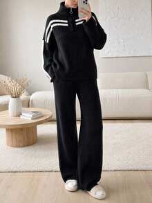SHEIN Solid Ribbed Knit Contrast Stripe Quarter Zip Top & Wide Leg Pants Two Pieces Set - Black - View 6