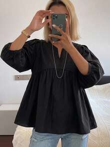 FRIFUL Women's Black V-Neck Puff Sleeve Shirt, Summer Apparel,Ruffle - Black - View 1