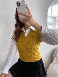 SHEIN PariChic 女款法式秋冬外出用粗針編織V領休閒百搭針織背心 - 芥末黃 - 查看 5