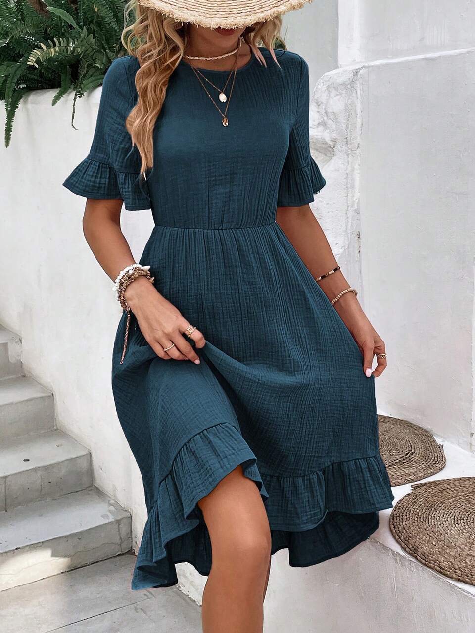 1pc Flounce Sleeve Ruffle Hem Dress