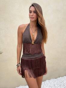 Allurite Conjunto de Top Halter con Flecos Brillantes Marrón y Minifalda, Atuendo de 2 Piezas para Fiesta para Mujer - Café integral - Ver 4