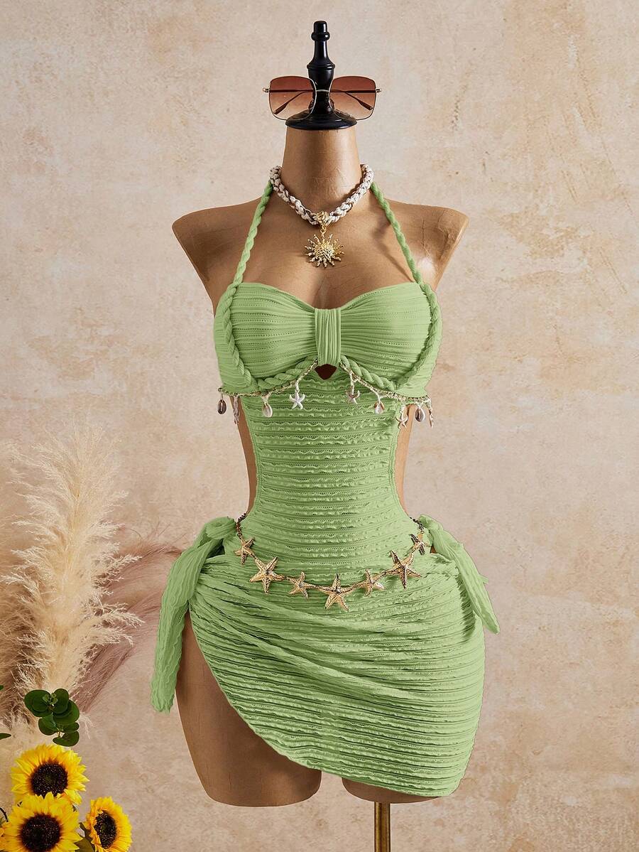 Bellisia 26SS Spring/Summer Vacation Apricot Vintage Square Neck Slimming Braided Rope Starfish Shell Halter One-Piece Swimsuit With Matching Skirt 2 Pieces Set - Green - View 1