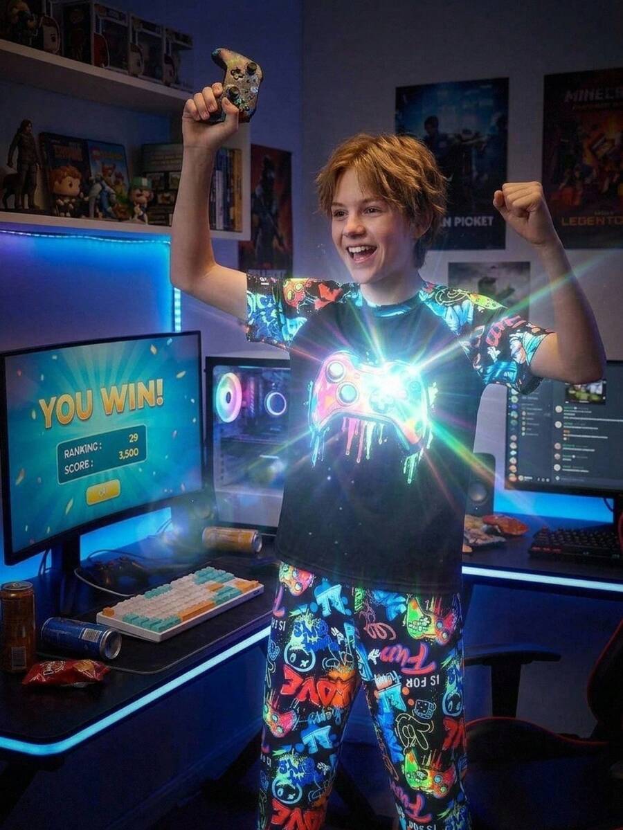SHEIN Set Piyama Rajut Ketat Nyaman Lengan Pendek dan Celana Panjang Motif Pengontrol Game Fluorescent untuk Anak Laki-Laki Remaja, 2 Potong, Tema Hari Kemerdekaan 4 Juli, Set Pakaian Anak Laki-Laki - Hitam - View 1