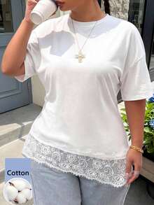 Muchica White Lace Patchwork Casual Plus Size Women's T-Shirt - White - View 1