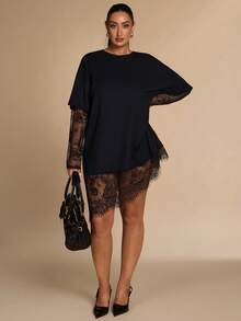 SHEIN BAE CURVE 大尺碼女款抓皺短袖蕾絲拼接上衣，大尺碼 T-shirt - 黑色 - 查看 1