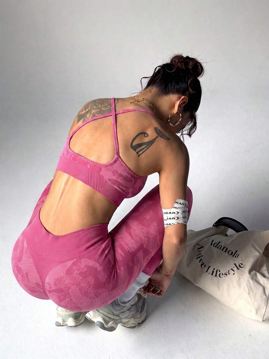 SHEIN Women's Seamless Backless Halter Top And Leggings Sports Set Gym Workout Pink Camouflage Summer Athleisure - Coral Pink - View 1
