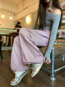 DAZY Pantaloni lunghi da donna a gamba ampia e morbida, tinta unita, casual, per vacanze estive e scuola - Rosa - Visualizzare 10