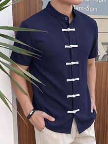 HIMLAND Men's Summer Casual Frog Button Short Sleeve Shirt - Blue - View 1