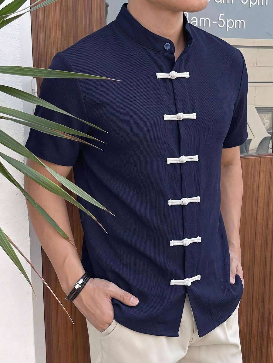 HIMLAND Men's Summer Casual Frog Button Short Sleeve Shirt - Blue - View 1