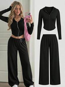 SHEIN Kids Teen Girls Knitted All All All Black Hoodie Long Pants Casual Streetwear Outerwear 2 Pieces Set Groove Autumn Groove Groove - Black - View 2