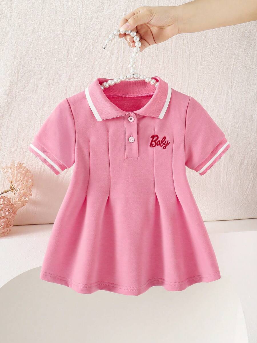 SHEIN 女嬰白色休閒洋裝,1件,羅紋領口、羅紋袖口,適合休閒、外出、運動、派對 - 玫紅色 - 查看 1