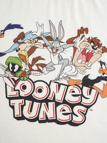 LOONEY TUNES X SHEIN 男士卡通印花圓領短袖上衣與短褲居家休閒套裝 - 紅白色 - 查看 4