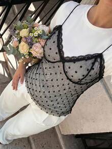 SHEIN MOD 大尺碼對比波點網紗拼接T恤，夏季女款上衣，適合度假、假期、節慶、正式場合，白色優雅休閒款 - 黑與白 - 查看 2
