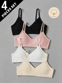 4pcs Girls' Bra Set, Traceable Cotton, Student Wear, Removable Cups, Black, White, Apricot, Pink Autumn Fall - Multicolor - View 2