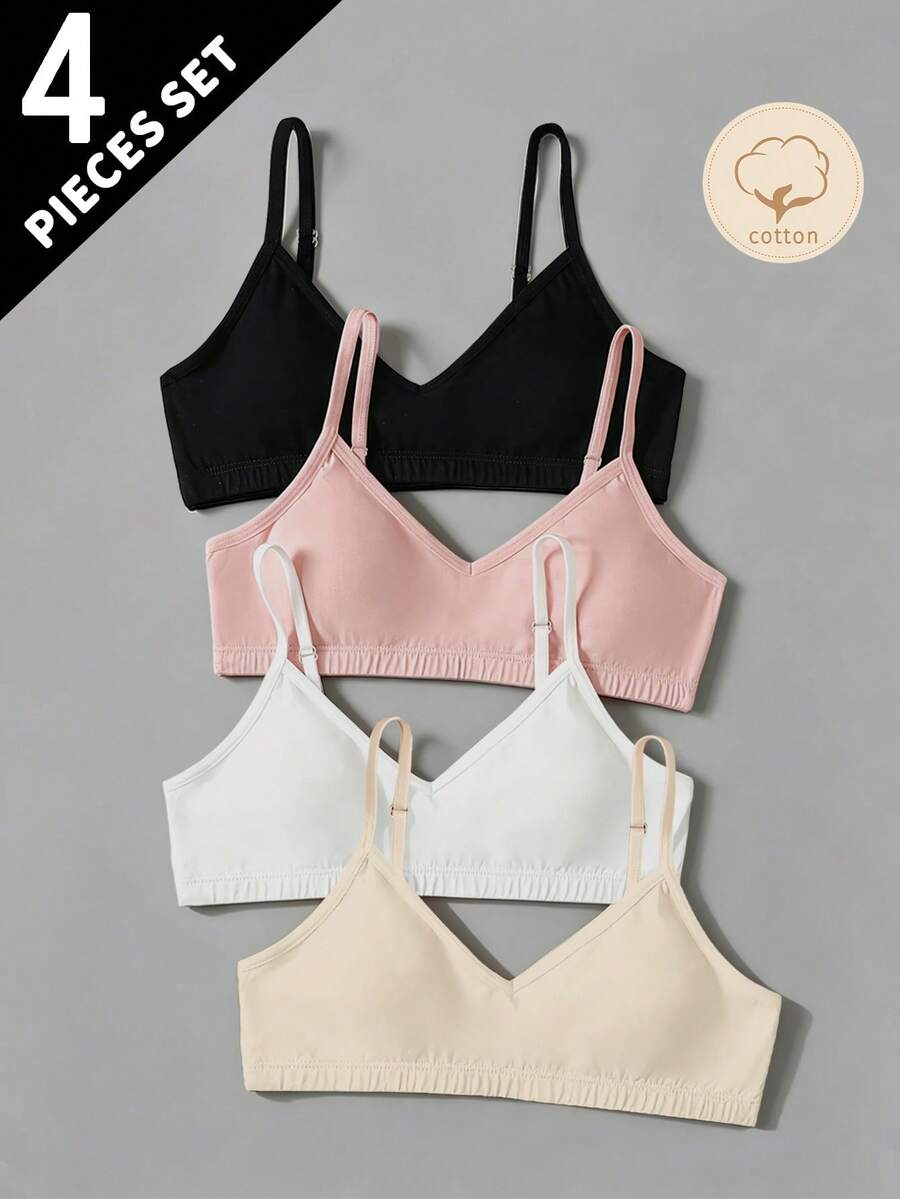 4pcs Girls' Bra Set, Traceable Cotton, Student Wear, Removable Cups, Black, White, Apricot, Pink Autumn Fall