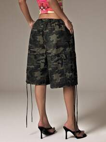 Sinnesro WOMEN Cargo Utility Long Shorts Military Combat Style Drawstring Elastic Waist Summer Spring Casual Pockets Bermuda Length Outdoor Hiking Walking ,Petite Women - Army Green - View 16