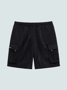 Plus Size Men's Casual Solid Color Drawstring Waist Cargo Shorts, Summer - Black - View 4
