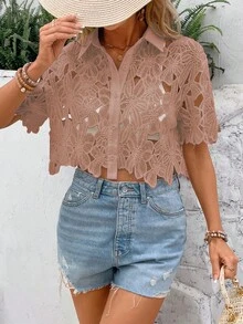 SHEIN Clasi 女款素色單排扣休閒百搭日常穿著襯衫 - 咖啡棕 - 查看 5