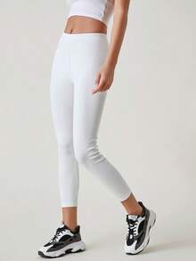 SHEIN BASICS 女款夏季純色彈性腰七分緊身褲 - 白色 - 查看 4