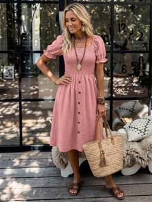 LanaWest Women's Denim Effect Puff Sleeve A-Line Dress - Pink - View 4