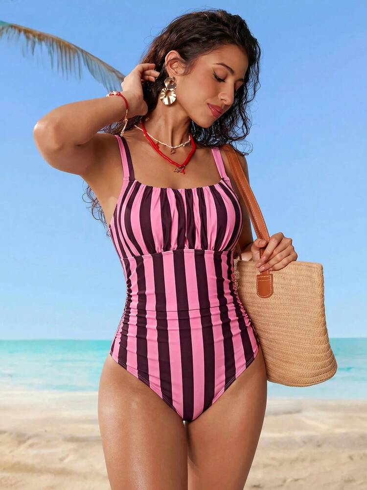Swim Mod Baju Renang Terusan Bergaris untuk Wanita, Cocok untuk Liburan dan Pantai - MultiWarna - View 5