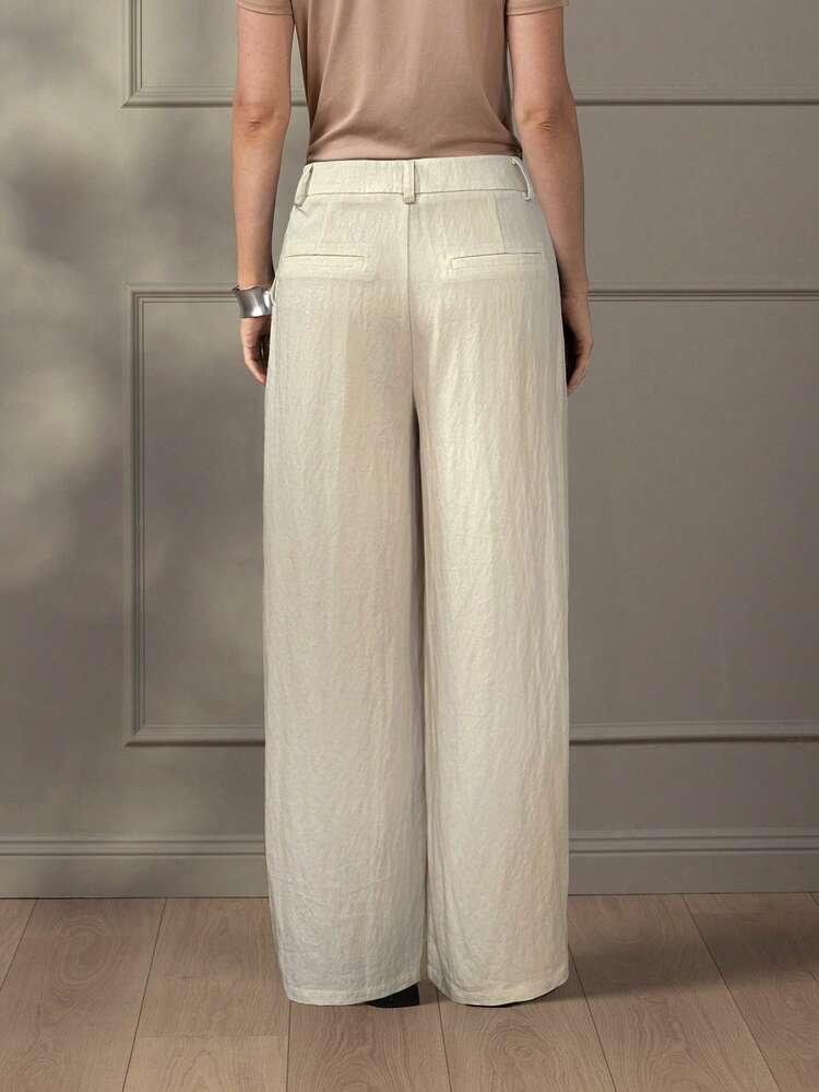 KÆRIA Hus Vark Drape Trouser - Asymmetric, Slit Detail, Long, Flowing, High Waist - Panna Cotta - Casual, Going Out, Summer, Wardrobe Staple, Wedding Guest - Khaki - View 3