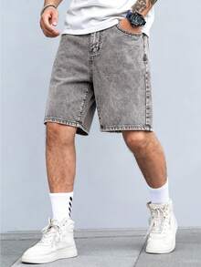 Manfinity Hypemode Pantalones cortos de mezclilla para hombre con estampado de ola, velero y dragón - Gris Claro - Ver 2
