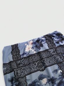ROMWE 新款中式風格花卉印花網紗大尺碼女款裙 - 藍色 - 查看 3