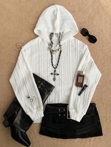 Attitoon Y2K White Top  Solid Color Hooded  Versatile  Wear Sweatshirt Going Out Outfits - White - View 5