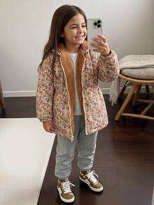 SHEIN Sparklyn 青少年女孩米色長袖休閒外套，抓絨面料，秋季服飾，酷女孩 It Girl 風格，可愛時尚經典梭織布料，花卉圖案連帽長款拉鍊外套 - 棕色 - 查看 3