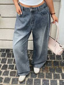 Dazy Plus Washed Distressed Loose Street Style Long Wide Leg Jeans, Blogger Casual Versatile Outing Grey Plus Size Women All Season Autumn New Arrival - Grey - View 10