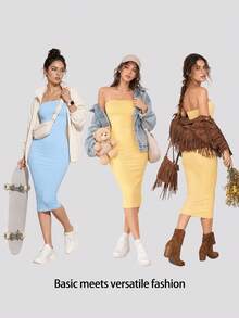 SHEIN BASICS Rochie de cină casual bodycon slim fit fără bretele pentru femei, rochii de vară, haine de vară pentru femei - Galben - Vizualizare 11