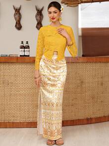 EastFlair Women's Lace Long Sleeve Top And Floral Pattern Skirt Elegant Two Pieces Set Wedding Mother Of The Bride Christening Yellow Summer - Multicolor - View 3