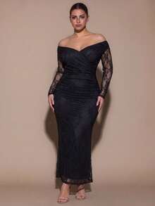 SHEIN BAE CURVE 大尺碼女款黑色蕾絲半透長版緊身洋裝 - 黑色 - 查看 1