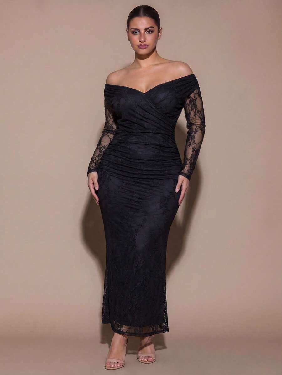SHEIN BAE CURVE 大尺碼女款黑色蕾絲半透長版緊身洋裝 - 黑色 - 查看 1