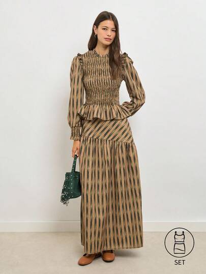 Nöista Olive Striped Two Pieces Set With Pleated Details. Fall, Office Wear And Romantic Style.