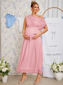 Loomaby Maternity Solid Color Pleated Asymmetric Neck Elegant Dress - Pink - View 11