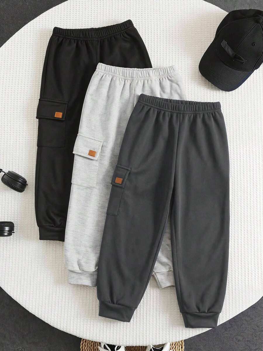 SHEIN 3件組小男孩秋冬休閒百搭保暖內裡鬆緊腰運動長褲兒童慢跑褲多件裝 - 彩色 - 查看 1
