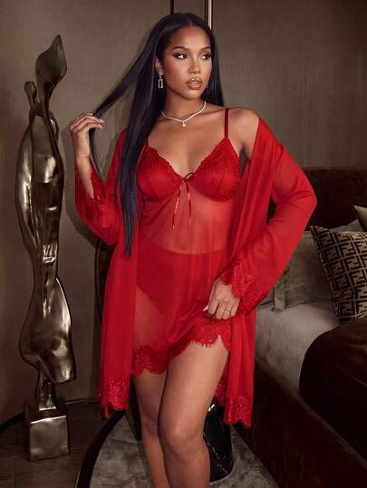Silforma Women Sexy Solid Color Lace Splice Pajama Set