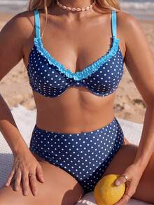 Swim Mod Set Baju Renang Push-Up Berkawat Ukuran Plus Eropa dan Amerika, Bikini Cup Lembut Motif Polkadot Retro - Biru - View 1