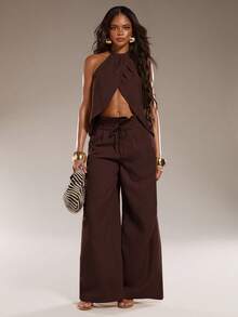 Normani Women's Solid Color Halter Neck Top With Slit Hem And Pants Fashion 2 Pieces Set Beach Vacation Dark Brown Summer Sexy European Tropical - Rust Brown - View 5