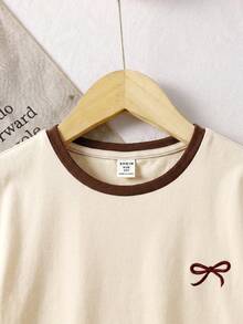 SHEIN 青少年女孩針織拼色圓領休閒T恤與短褲兩件套 - 彩色 - 查看 3