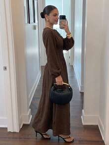 Firerie Women's Casual And Elegant Fitted Waist Long-Sleeved Dress, Burgundy Dress / Fitted Waist Dress / Linen Dress / Vintage Style Dress / Summer Dresses / Spring Outfit Women / Everyday Work Dress / Valentines Day Dress / Casual Dress For Women / Red Dresses For Women - Brown - View 3