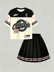 Girls' Set Sweet Cool Style! White Pink Black Color Block Eye-Catching, T-Shirt Street Style; Striped Color Block Design On Cuffs Is Lively. Paired With Pleated Black Short Skirt, Pink Black Striped Hem Echoes The Top, Casual And Fashionable. The Overall Outfit Is Full Of Energy, Easily Unlocks Sweet Girl Sporty Style, Suitable For Daily, Travel And Multiple Scenes, A Must-Have Eye-Catching Children's Clothing. - Multicolor - View 3