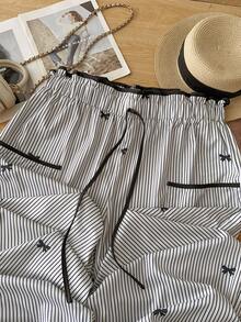 GlowEve CURVE Plus Size Striped Bowknot Casual High Waist Slimming Straight Leg Pants, Summer Outfits For Going Out And Office Commute Bottoms Fall - Black and White - View 5