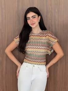 Yasmeen Edit Yasmeen Edit Chic Boho Striped Beige Knit Hollow Out Tee Summer Vacation Casual - Multicolor - View 2